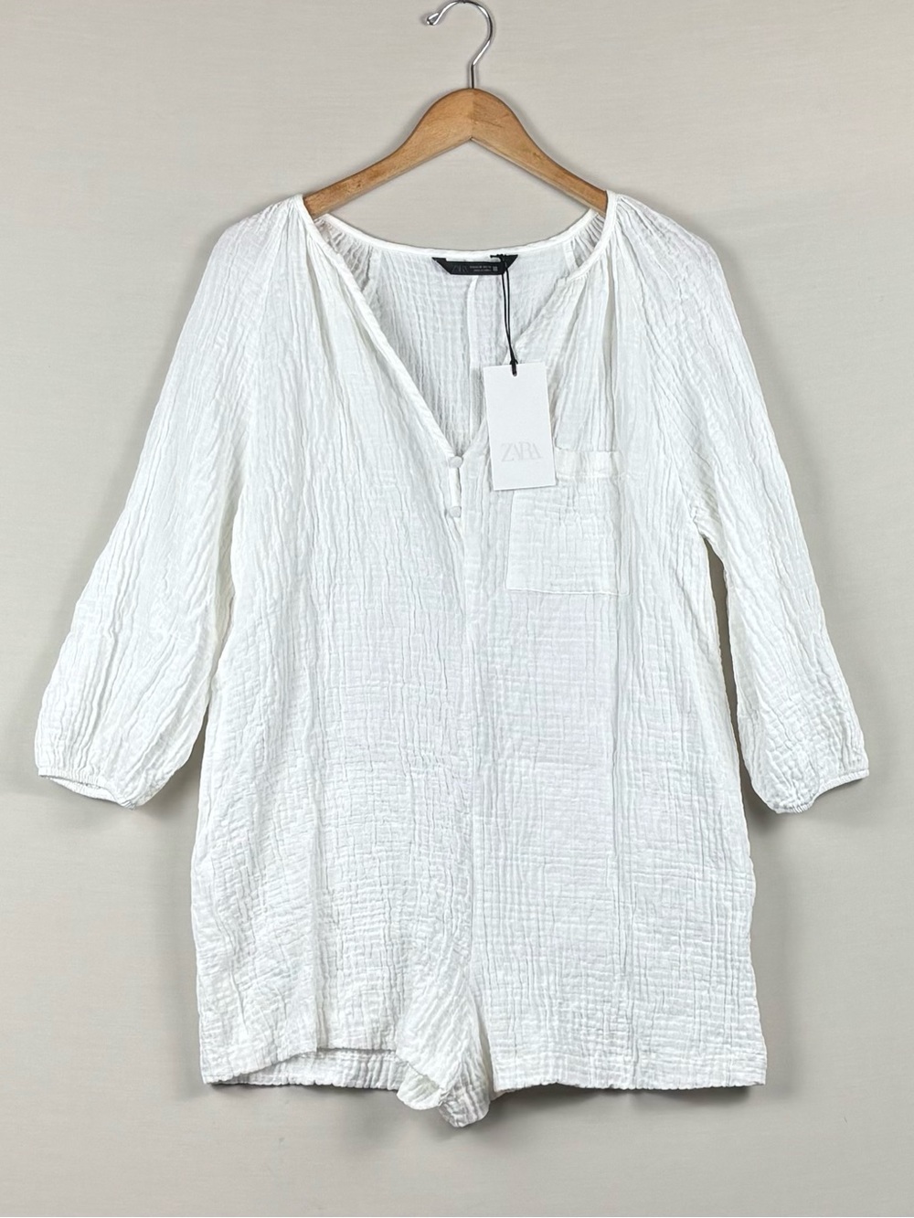 Zara NWT Women’s M White Textured Cotton Gauze Romper 3/4 Sleeve Pocket